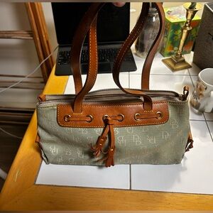 Dooney & Bourke leather and cloth handbag authentic sage and hickory colored